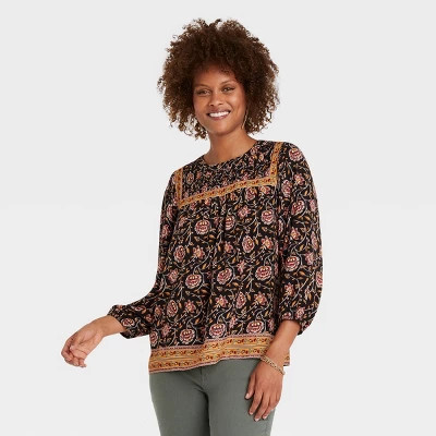 Women's Long Sleeve Pleated Blouse - Knox Rose™ Black Floral | Target