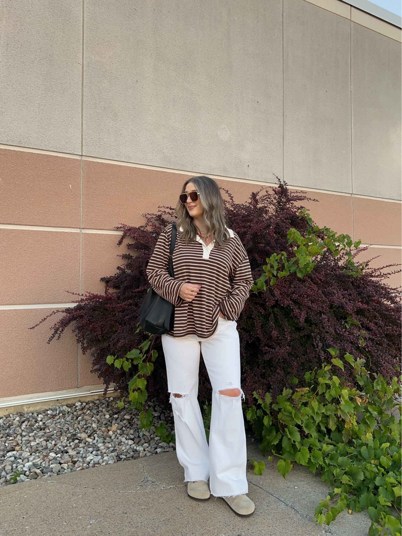 Casual fall outfit! Wearing L in the striped polo long sleeve top and 30 in the white jeans. I’m a 9.5-10 and wear a 40 in the Birkenstocks