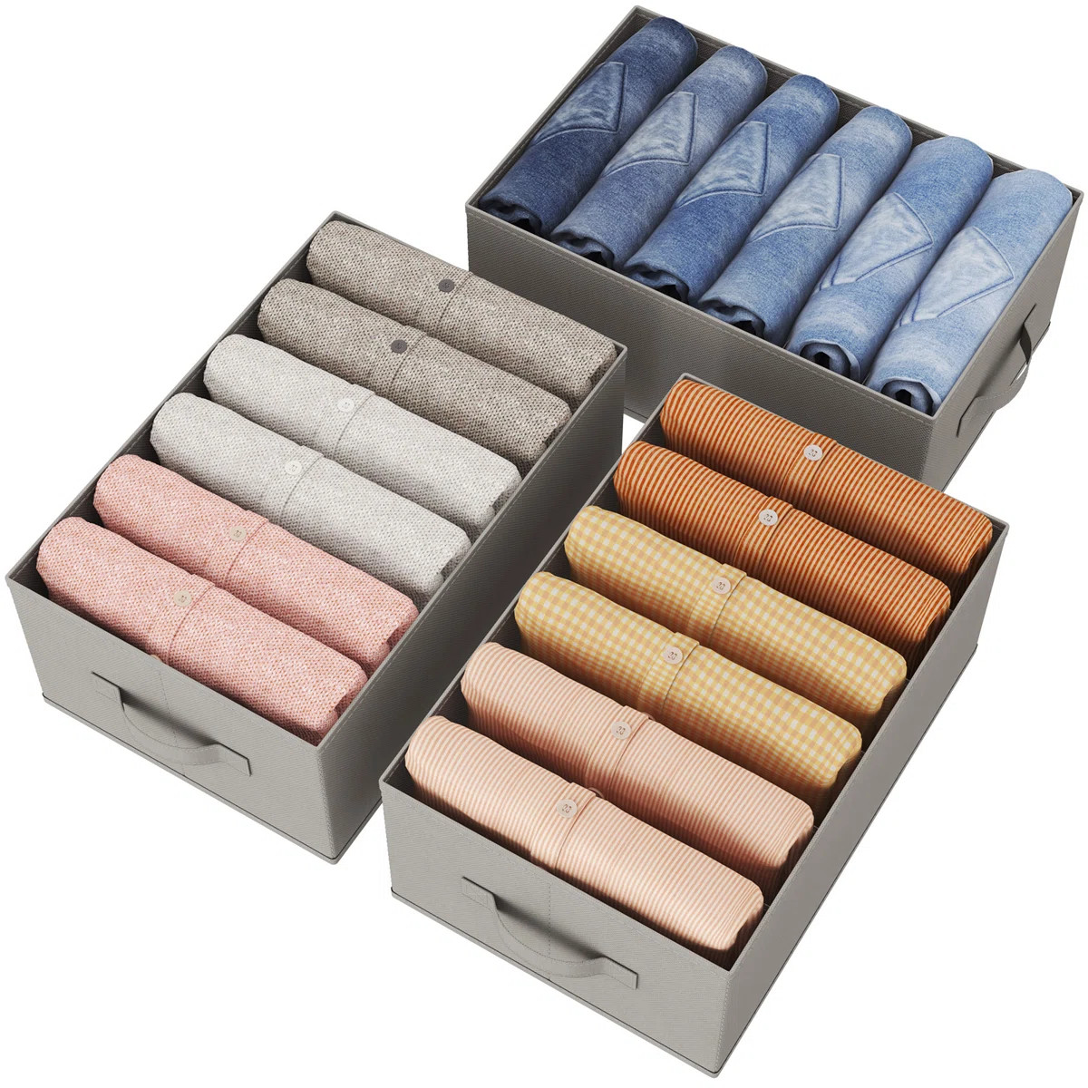 Wardrobe Clothes Organizer 3 Pack, Large Size 6 Grids Closet Jean Storage Bins With Handles And S... | Wayfair North America