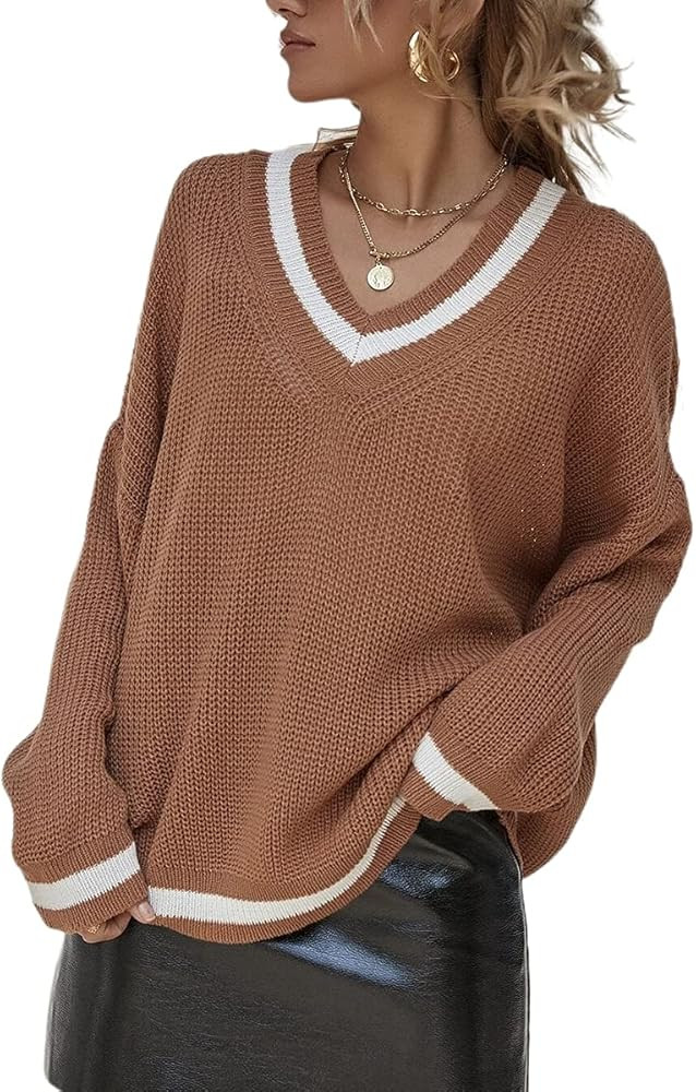 Womens V Neck Long Sleeve Pullover Sweater Loose Color Block Jumper Tops | Amazon (US)
