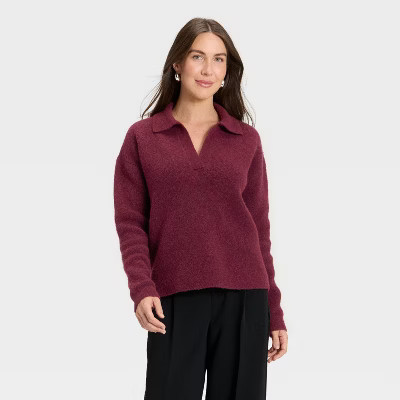 Women's Cozy Knit Polo - A New Day™ Burgundy XL | Target