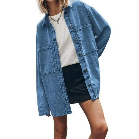 Womens Oversized Jean Jacket Casual Button Up Denim Overshirt Trendy Long Sleeve Denim Jacket Coat Dark Blue S | Walmart (US)