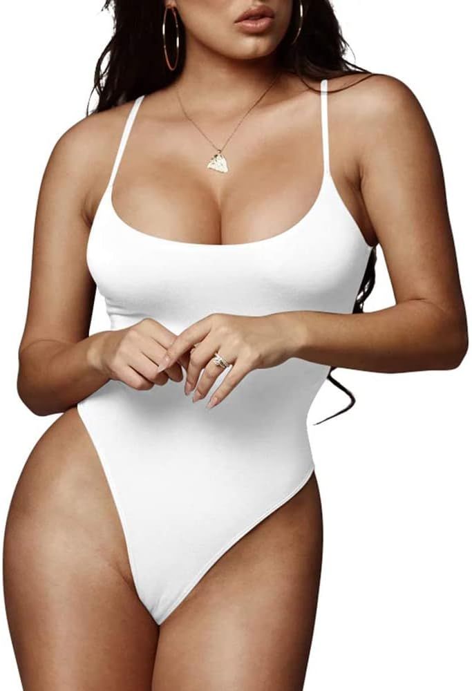 LINMON Women's Spaghetti Strap Bodysuit Tops Scoop Neck Sleeveless One Piece Camisoles Jumpsuit L... | Amazon (US)