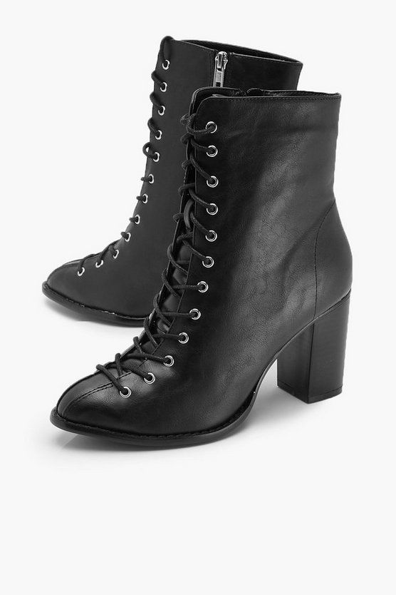 Lace Front Block Heel Shoe Boots | Boohoo.com (US & CA)