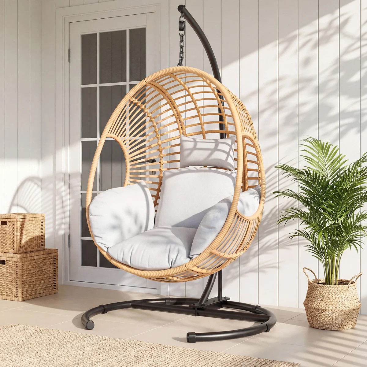 Oversized Outdoor Hanging Egg Chair with Stand, Cushion & Rain Cover, PE Rattan Wicker Patio Swin... | Wayfair North America