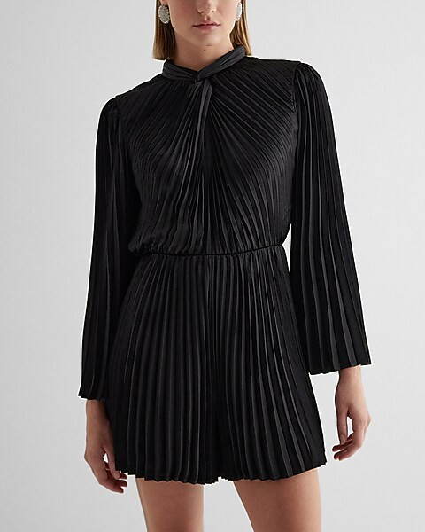 Satin Pleated Twist Neck Long Sleeve Romper | Express