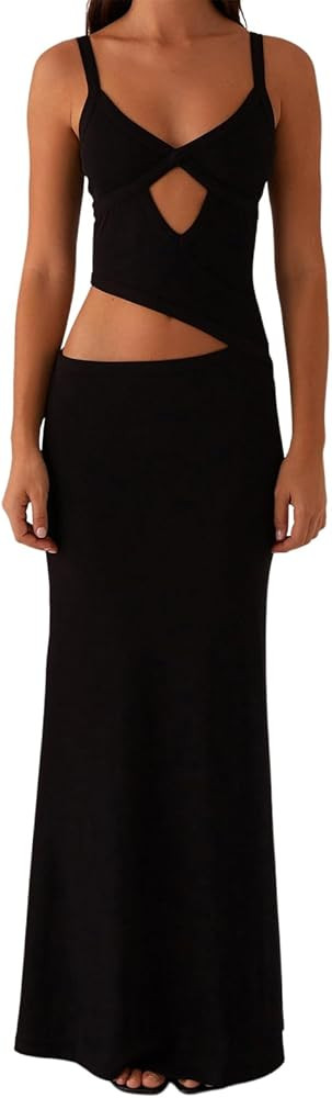 Women Spaghetti Strap Cut Out Maxi Dress Sleeveless V-Neck Backless Hollow Dress Elegant Bodycon ... | Amazon (US)