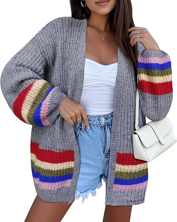 BB&KK Womens Long Cardigan Sweaters Oversized Striped Color Block 2025 Fall Long Lantern Sleeve K... | Amazon (US)