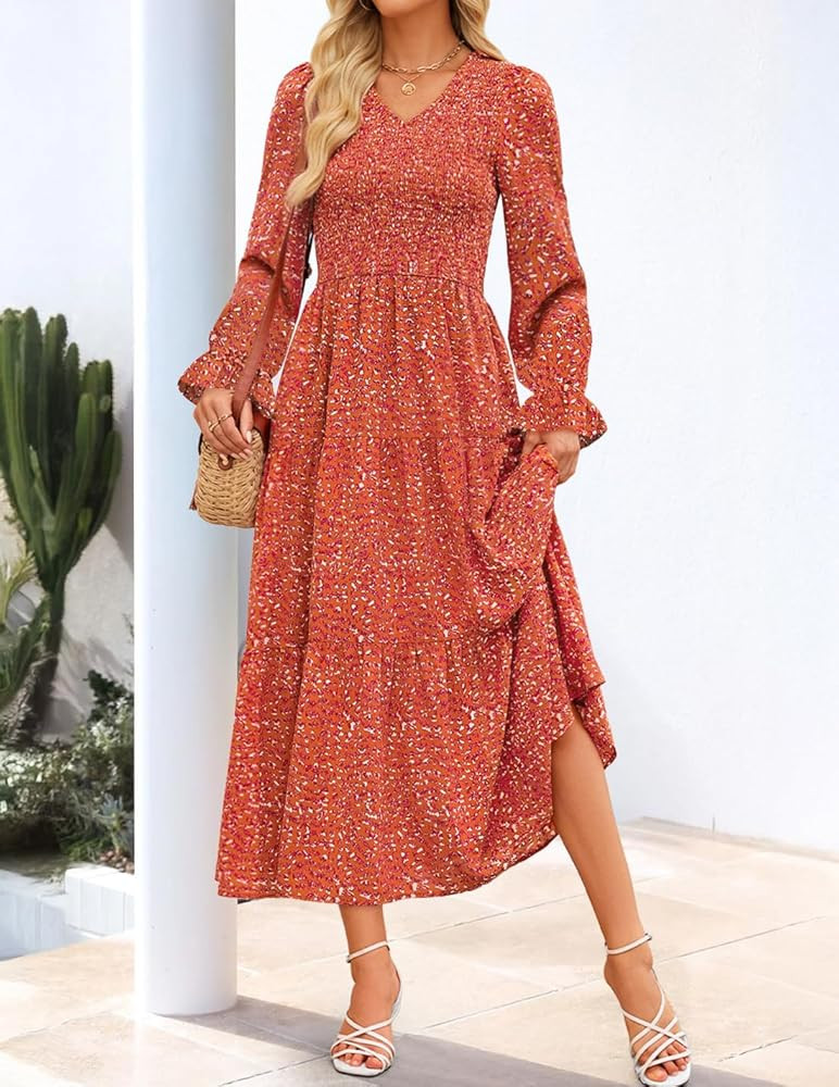 ZESICA Fall Wedding Guest Dresses for Women 2025 Long Sleeve Floral V Neck A-Line Flowy Boho Maxi... | Amazon (US)