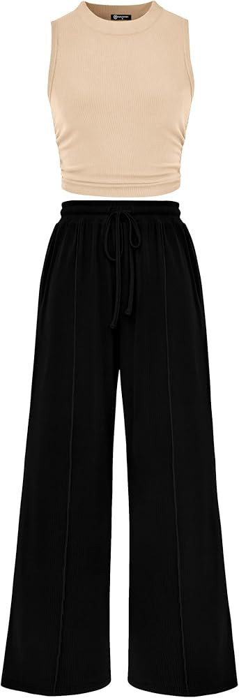 PRETTYGARDEN Women's Summer 2 Piece Outfits Ribbed Knit Lounge Sets Tracksuit Sleeveless Crop Tan... | Amazon (US)