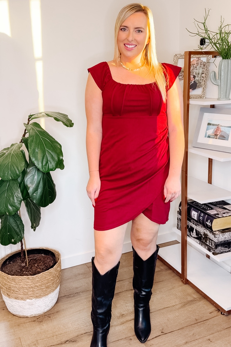 Midsize holiday style. 
Holiday dress. 
Holiday outfit. 
Amazon Christmas dress. 
Amazon holiday outfit. 
Red Amazon dress. 
Midsize dress. 
Boots. 

Size XL dress 

#LTKSeasonal #LTKHoliday #LTKfindsunder50