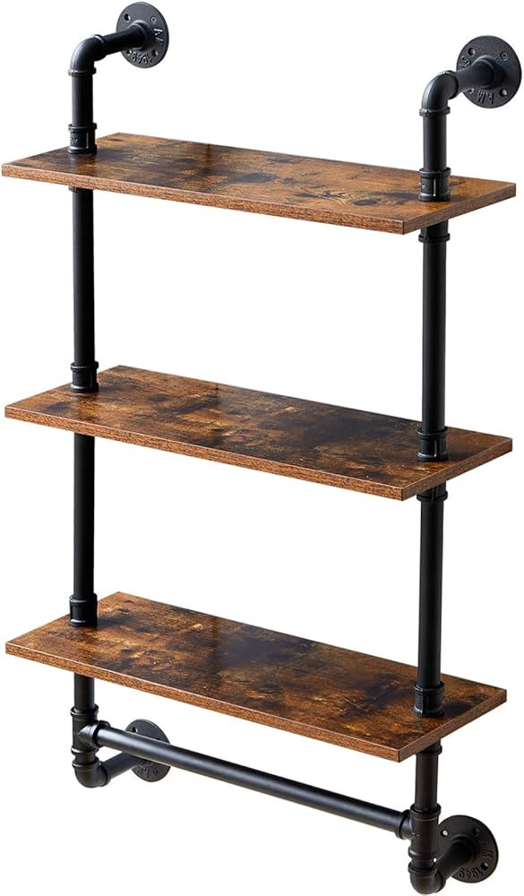 IBUYKE Industrial Pipe Shelf,40.5 inches Wall Mount Bookcase,3-Tier Wall Shelf with Towel Bar,Rus... | Amazon (US)