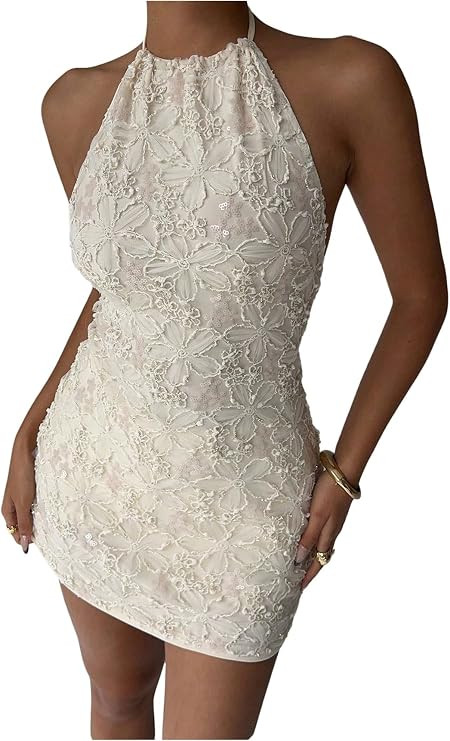 SHENHE Women's Sexy Backless Halter Mini Dress Floral Embroidered Bodycon Party Night Dress | Amazon (US)