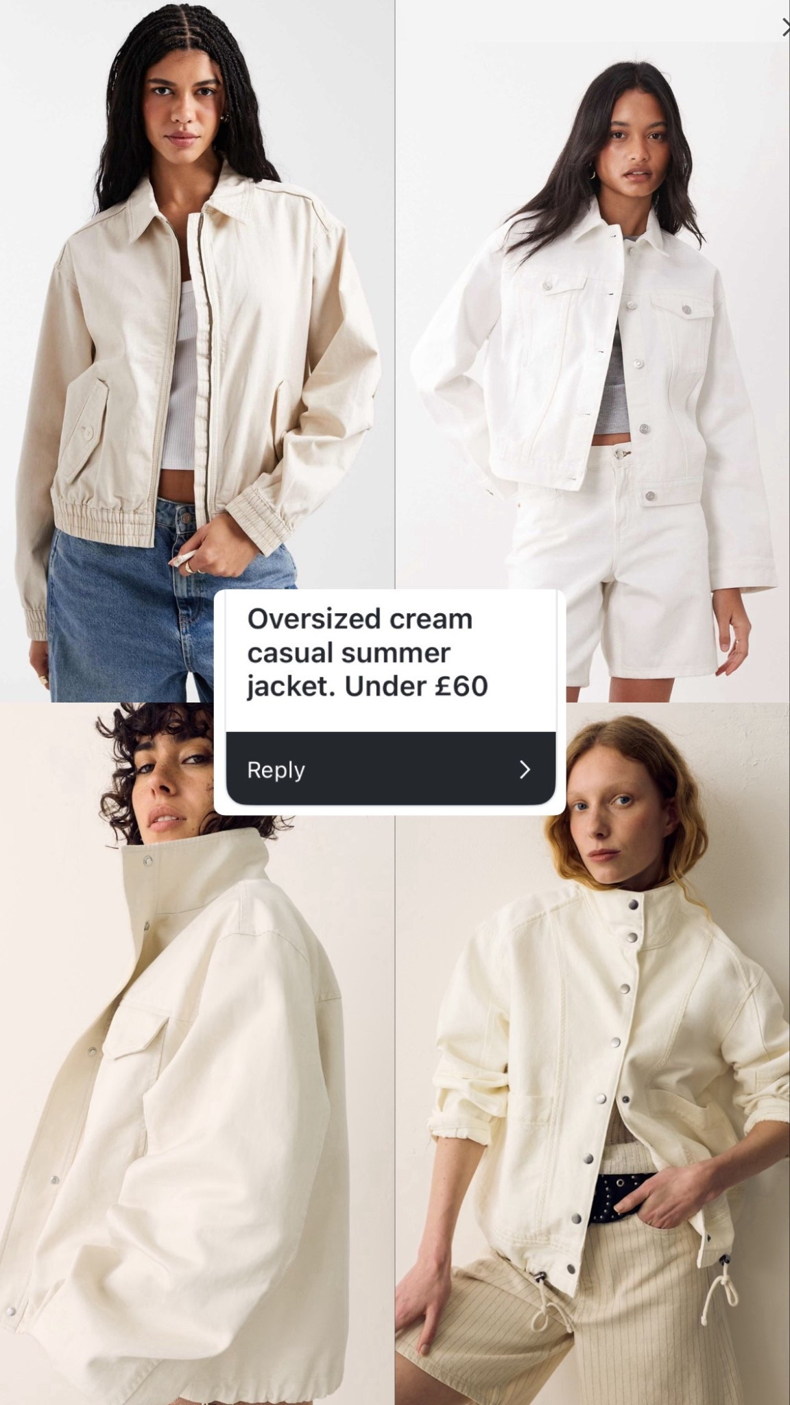 Cream Oversized summer jacket
Spring jacket
Summer jackets 
Lightweight jackets 
Spring outfits 
Oversized cream jacket
White denim jacket 


#LTKsummer #LTKspring #LTKstyletip
