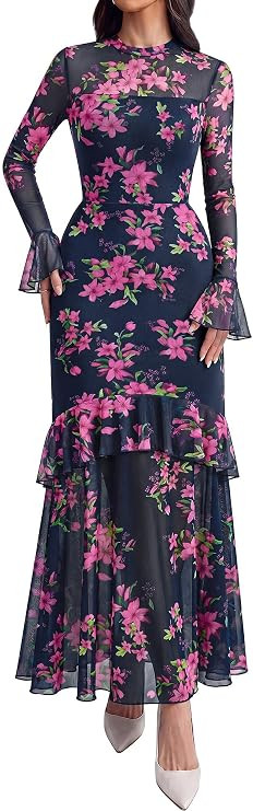 BTFBM Elegant Wedding Guest Dress Long Sleeve Maxi Dresses for Women | Bell Sleeves,Crew Neck,Flo... | Amazon (US)