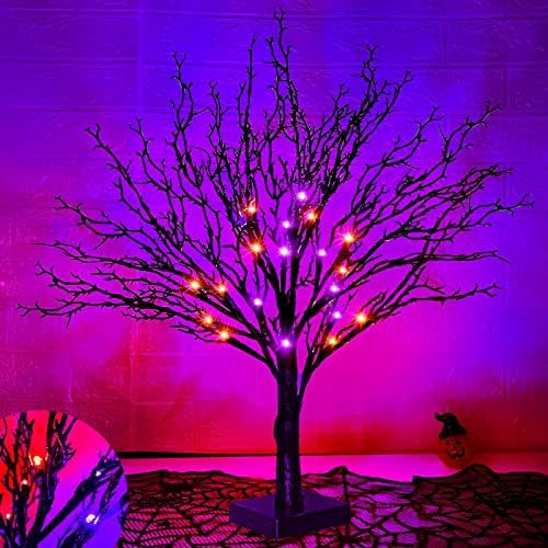 24 Inch Orange & Purple Lighted Halloween Tree Decor with Timer 24 LED Black Twigs Tree Lights Batte | Amazon (US)