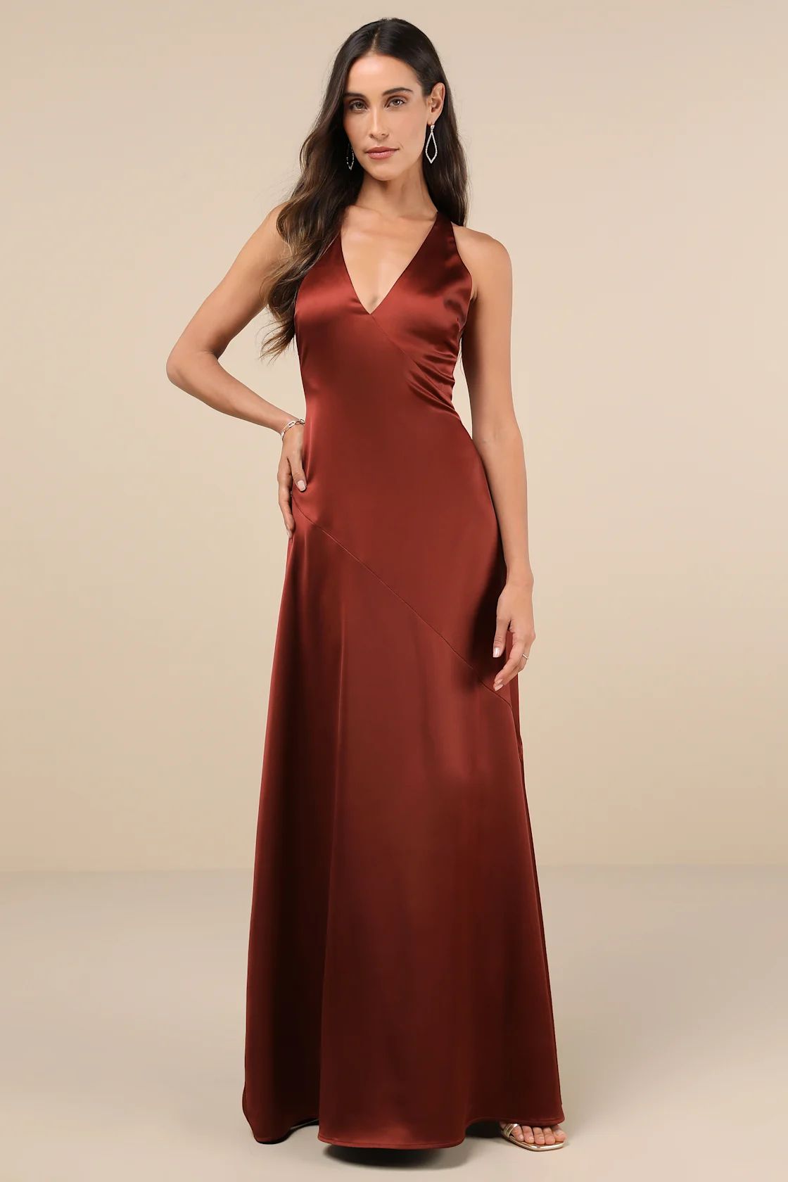 Purely Elegant Rust Brown Satin Twist-Back Maxi Dress | Lulus