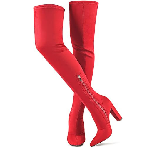 WSKEISP Red Boots for Women Suede Thigh High Boots 4.13IN Chunky Heeled Over The Knee High Boot | Amazon (US)