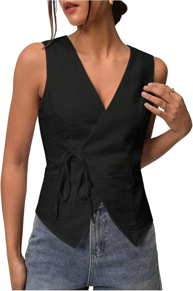SHENHE Women's Summer Linen Vest Side Tie Sleeveless Wrap Tank V Neck Dressy Going Out Top | Amazon (US)