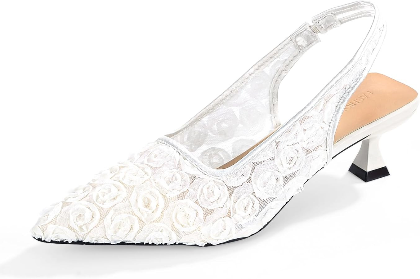 Amazon.com | Elegant Lace Kitten Heels for Women - Slingback Pointed Toe Floral Mesh Dress Shoes ... | Amazon (US)