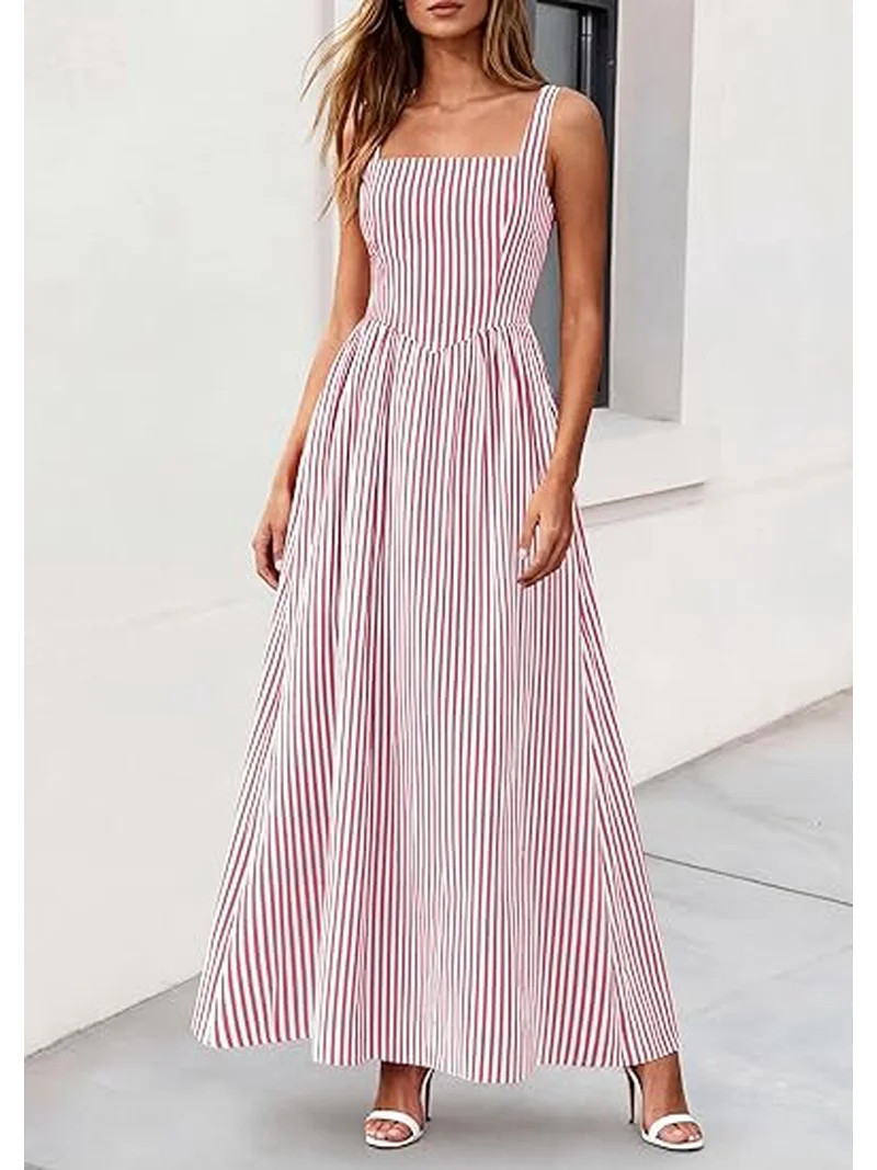 PRETTYGARDEN Women's Maxi Striped Dress Summer Sleeveless Square Neck Smocked A Line Long Flowy S... | Walmart (US)
