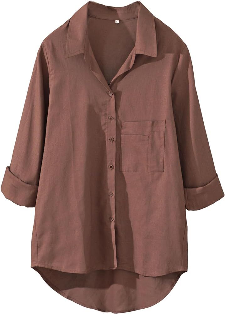 Minibee Women's Long Sleeve Shirts Button Down Blouse Cotton Tunic High Low Tops | Amazon (US)