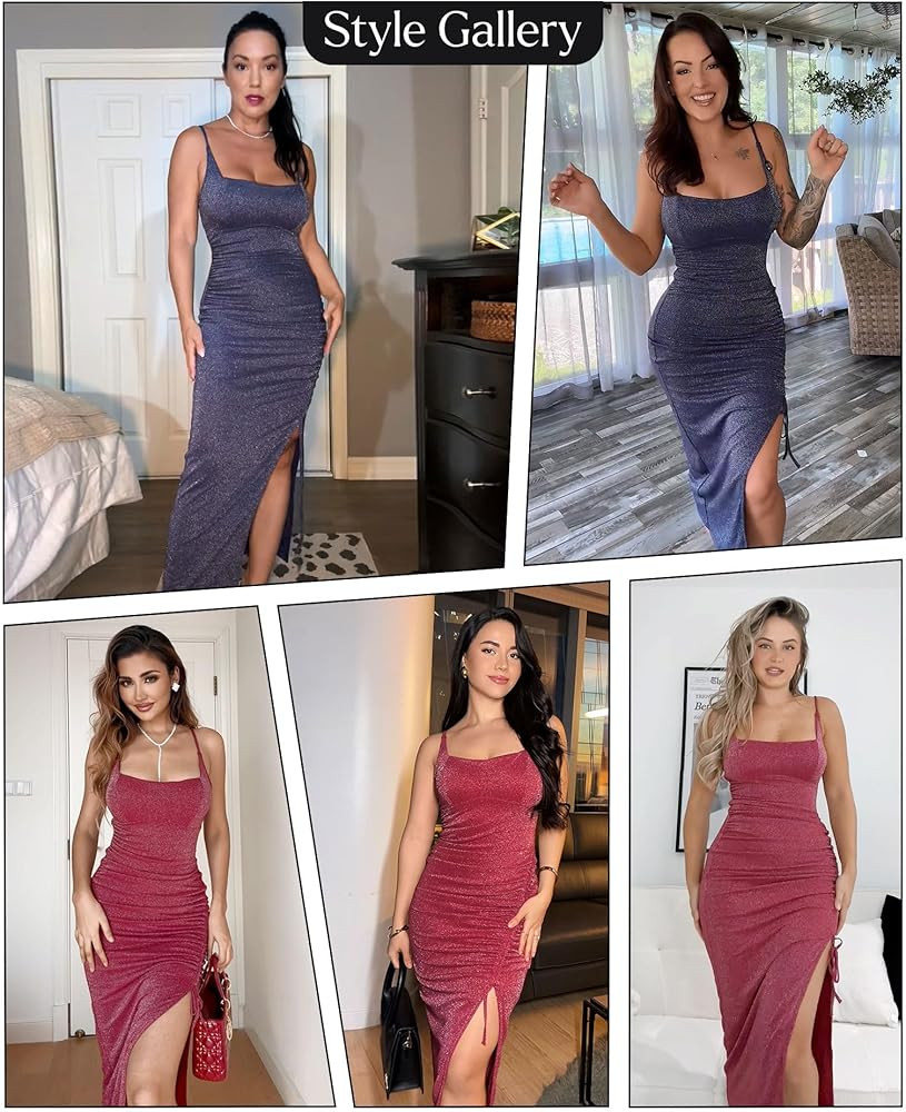 Popilush Shapewear Dress Sparkly Cocktail Dresses for Women Tummy Control Square Neck Ruched Midi... | Amazon (US)