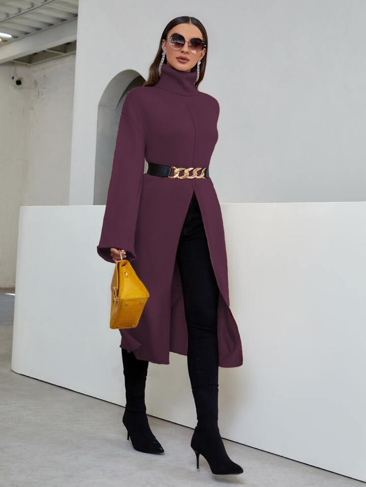 SHEIN Mulvari Turtleneck Drop Shoulder High Split Longline Sweater Without Belt | SHEIN