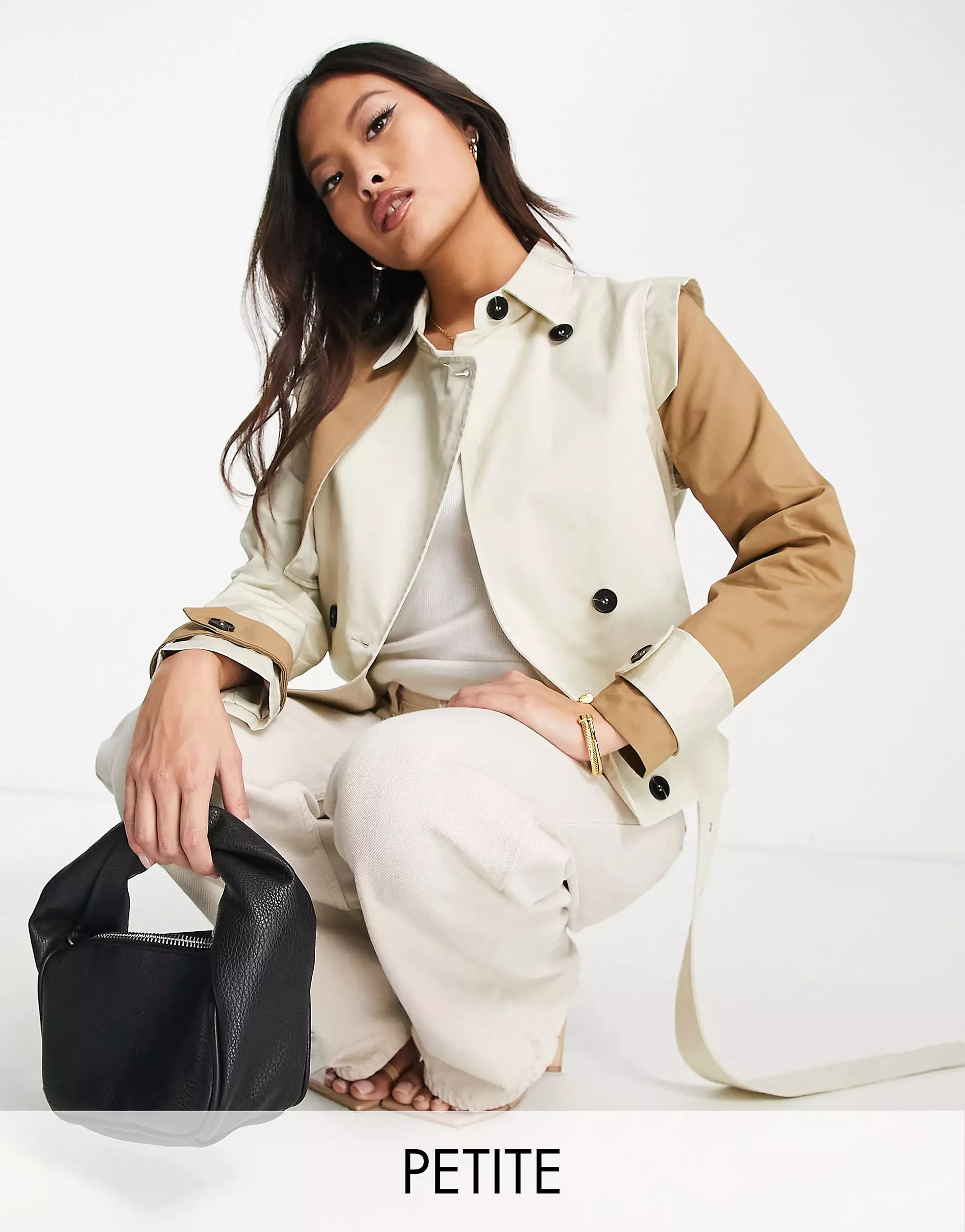Unique21 Petite contrast color cropped trench coat in beige | ASOS (Global)