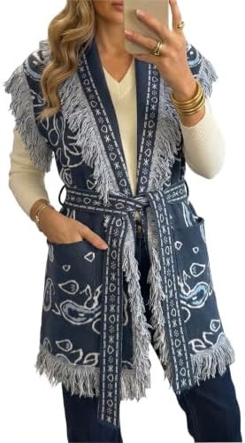 Saodimallsu Womens Sleeveless Long Cardigan Sweaters Fringe Shawl Collar Boho Paisley Wrap Belted... | Amazon (US)