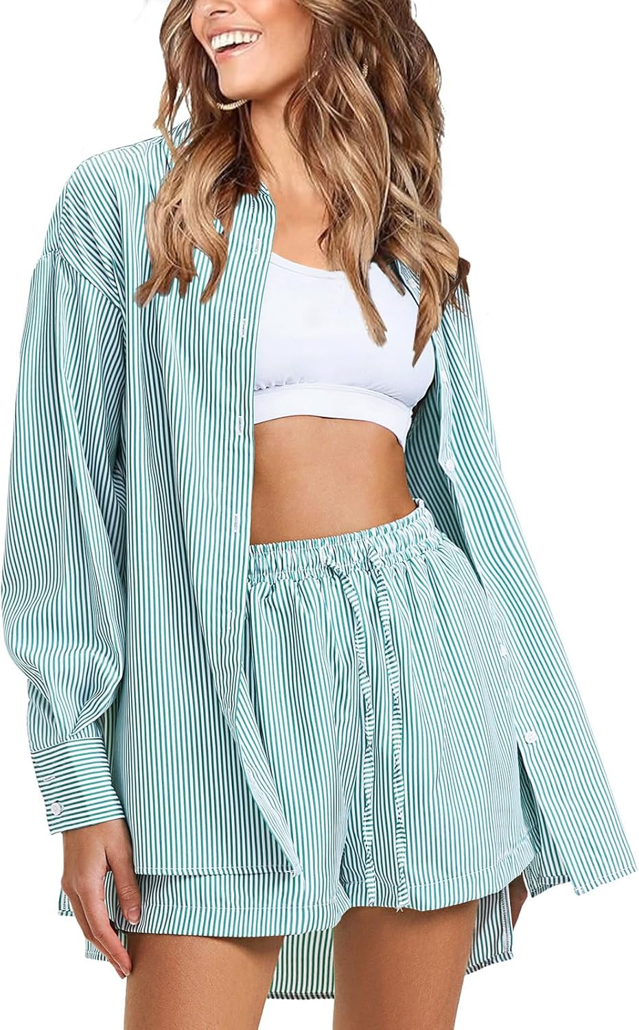 EXLURA Women's 2 Piece Outfits Casual Long Sleeve Button Down Shirts Lounge Matching Short Sets S... | Amazon (US)