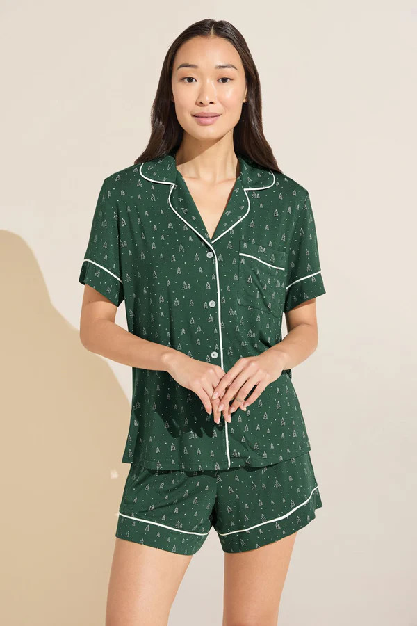 Gisele Printed TENCEL™ Modal Relaxed Short PJ Set - Winterpine Forest Green/Ivory | Eberjey