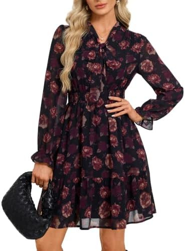 GRACE KARIN Women's Casual Long Sleeve Chiffon Floral Mini Fall Dresses | Amazon (US)