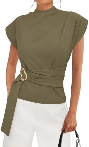 PRETTYGARDEN Women Blouses Spring Dressy Cap Sleeve Mock Neck Work Shirts Buckle Tunic Summer Bus... | Amazon (US)