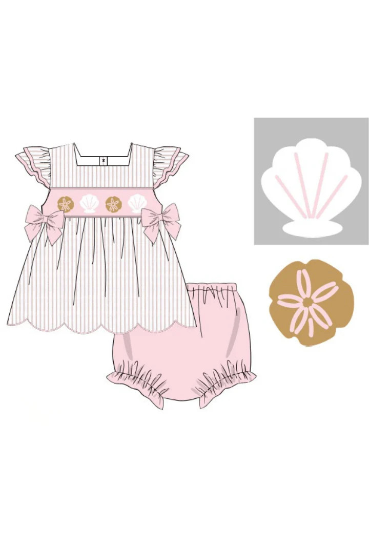 Pre-Order Smocked Sea Shells Pink/Khaki Stripe Bloomer Set | The Smocked Flamingo