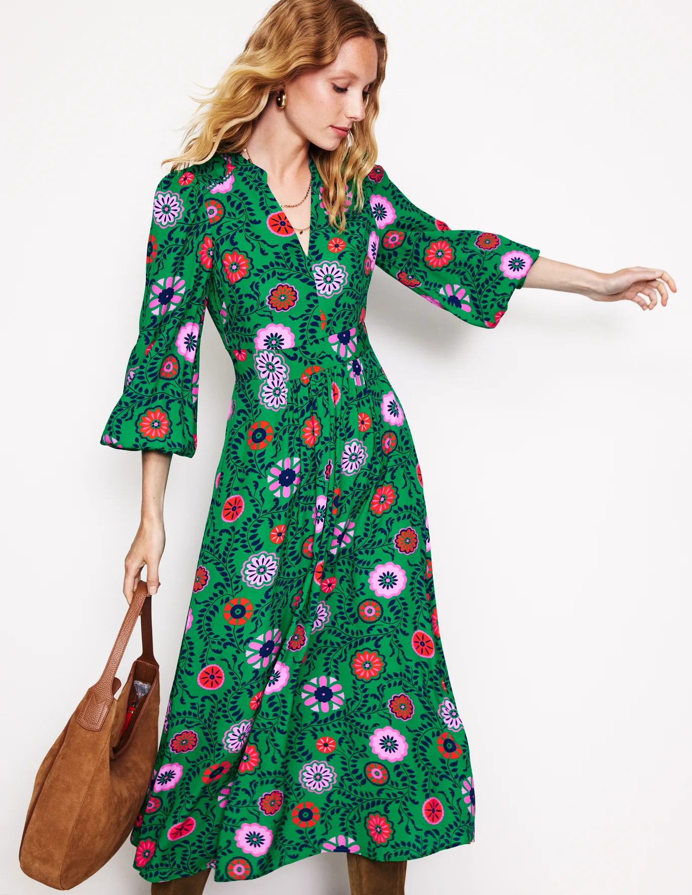 Zoe Trim Detail Midi Dress - Rich Emerald, Meadow Vine | Boden US | Boden (US)