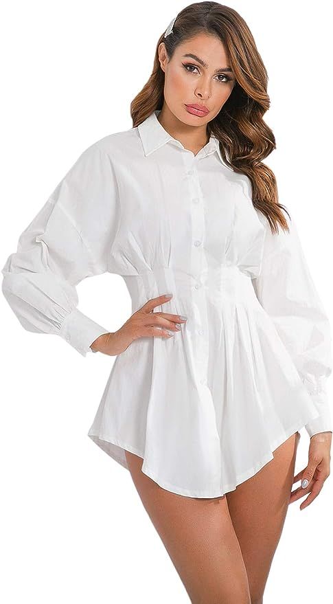 Floerns Women's Long Sleeve Button Front Peplum Waist Mini Shirt Dress | Amazon (US)