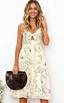 Womens Dresses Summer Tie Front V-Neck Spaghetti Strap Button Down A-Line Backless Swing Midi Dress | Amazon (US)