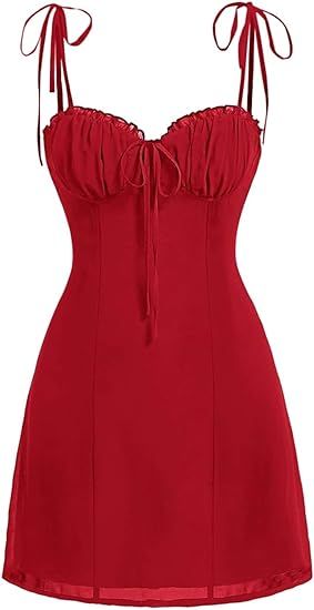Milumia Women's Ruched Tie Shoulder Cami Dress Spaghetti Strap Flared Short Mini Dresses | Amazon (US)