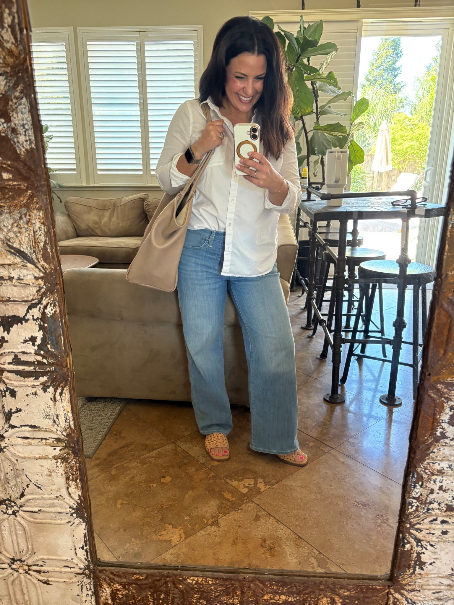 Yep, I’m over 40 and am still doing half tucks and front tucks. Nothing like a classic white button down shirt and jeans. My new sandals will literally go with everything this summer! They have the cutest cane basket weave. I ordered my usual 6.5 and they fit great. 

#LTKOver40 #LTKPetite #LTKWorkwear