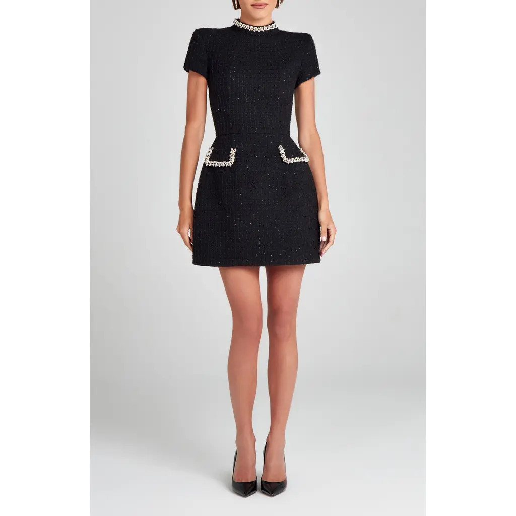 NADINE MERABI Simone Embellished Trim Shimmer Tweed Minidress in Black at Nordstrom, Size 2 | Nordstrom