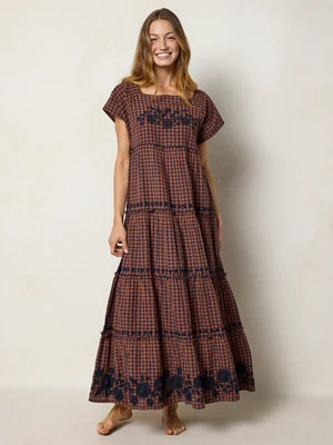 Berkley Embroidered Cotton Maxi Dress - Rust Gingham | Natural Life