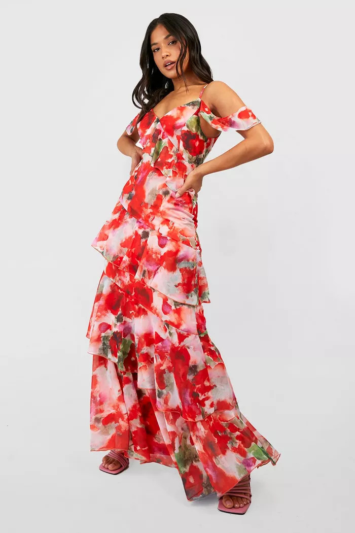 Petite Asymmetric Chiffon Tiered Ruffle Floral Maxi Dress | Boohoo.com (UK & IE)