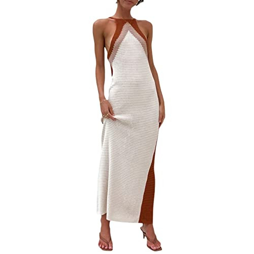 Women Sexy Crochet Maxi Dress Slim Fit Backless Low Cut Halter Print Knit Bodycon Dress Y2k Summe... | Amazon (US)