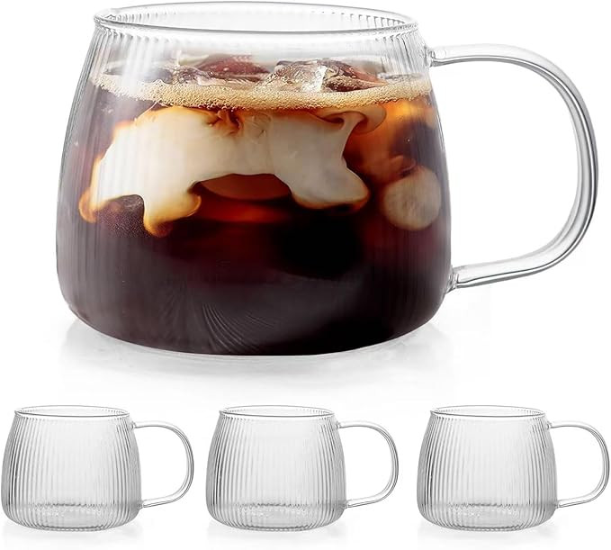 4 PACK Premium Glass Coffee Mugs with Handle, Classic Vertical Stripes Glass 12 OZ Coffee Cups, T... | Amazon (US)