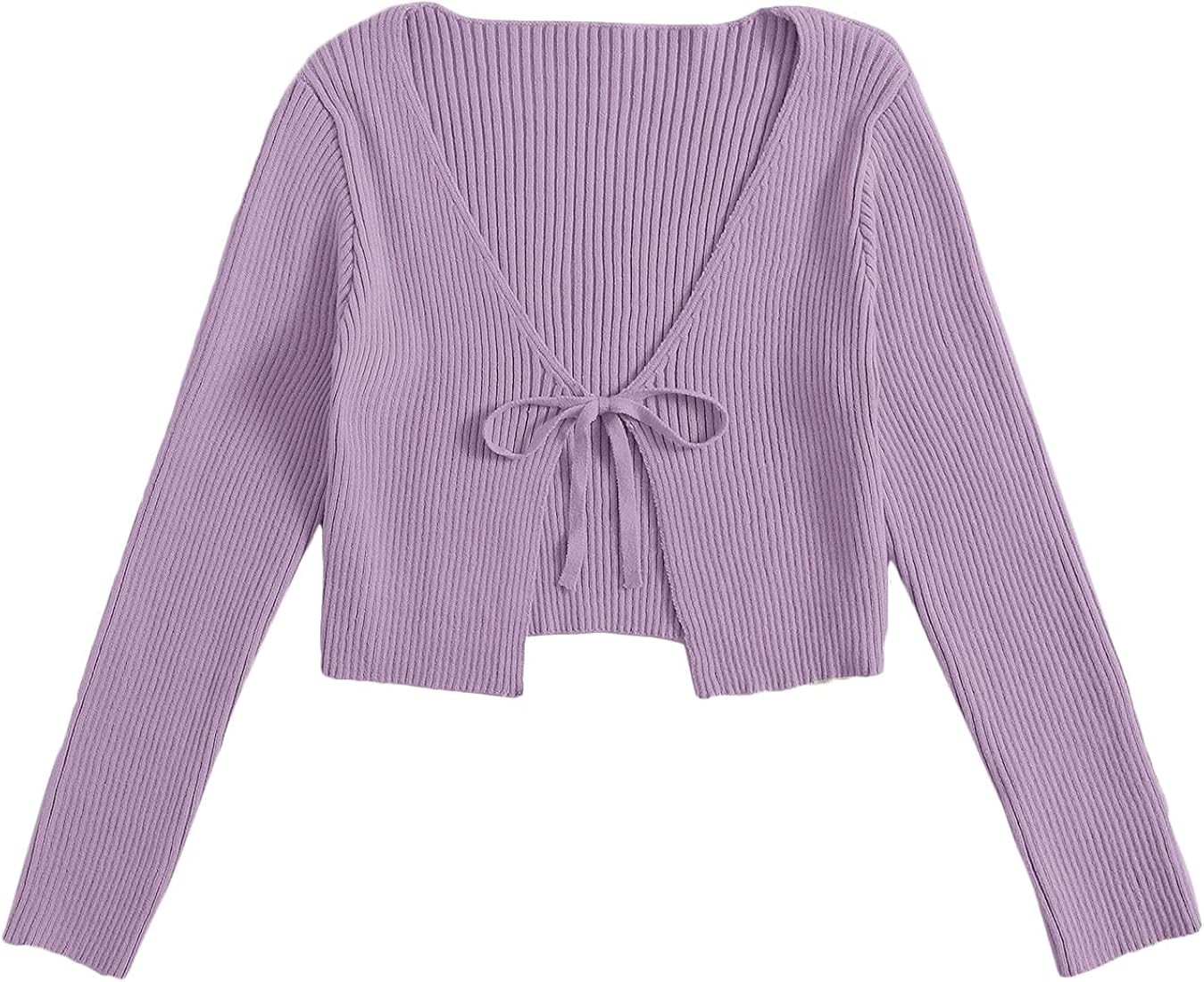 Floerns Women's Tie Front Long Sleeve Rib Knit Shrug Sweaters Cardigan Crop Top | Amazon (US)