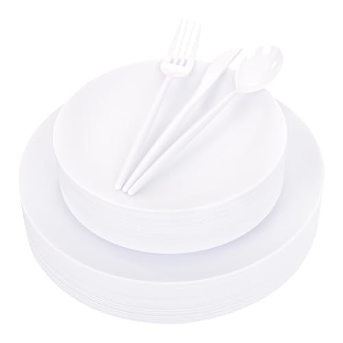 EI 150pcs White Plastic Plates Disposable,White Plate for Party,Disposable Frosted Plate with White Plastic Silverware,Heavy Duty Dinnerware set serves for 30,Perfect for Birthday Wedding Tea Party. | Amazon (US)