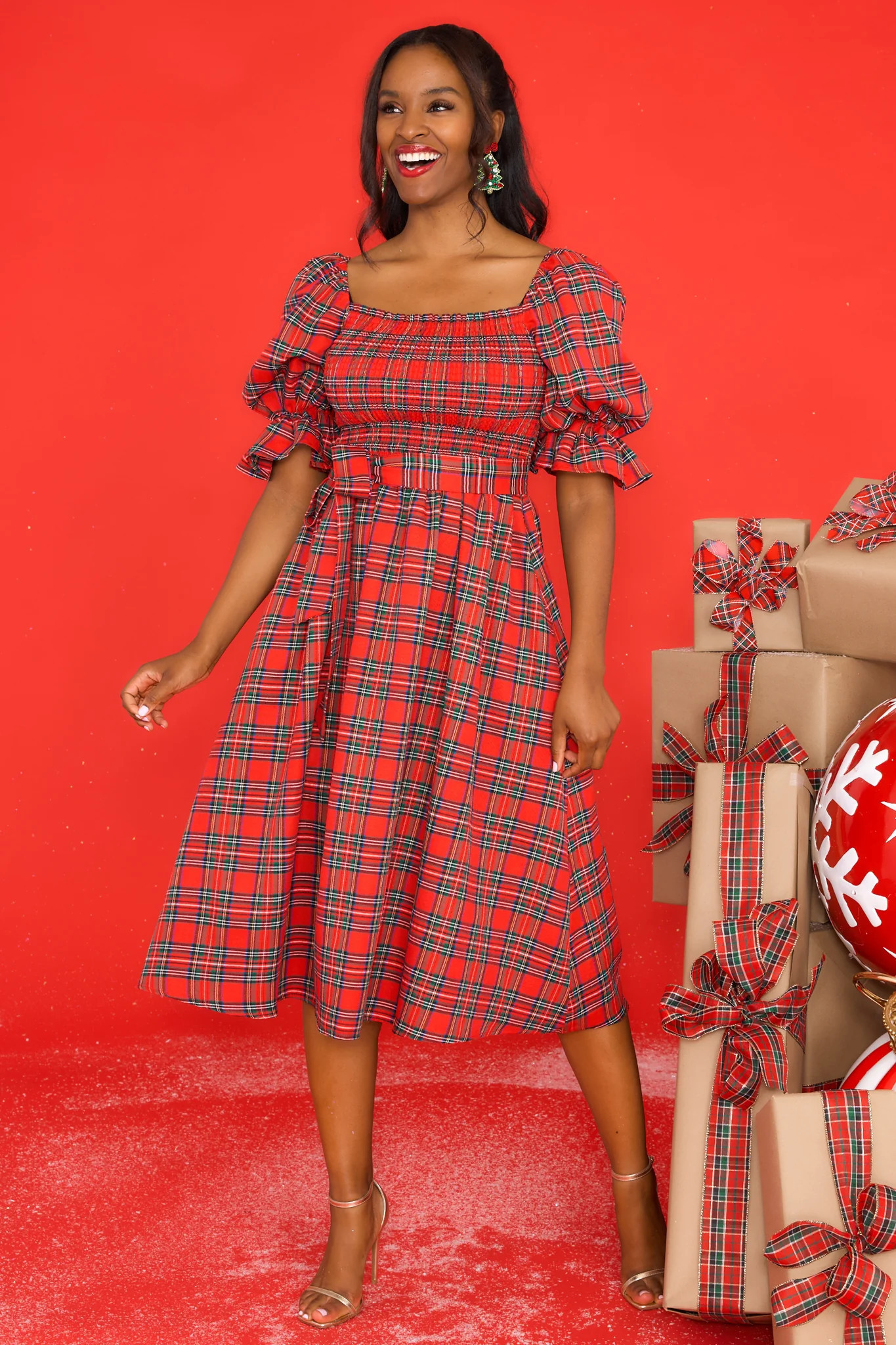 Wishful Wonderland Red Plaid Midi Dress | Red Dress 