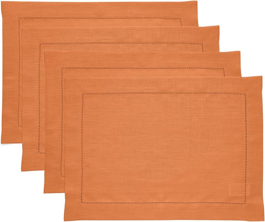 Solino Home Linen Placemats 14 x 19 Inch – Classic Hemstitch Pumpkin Placemats Set of 4 – 100... | Amazon (US)