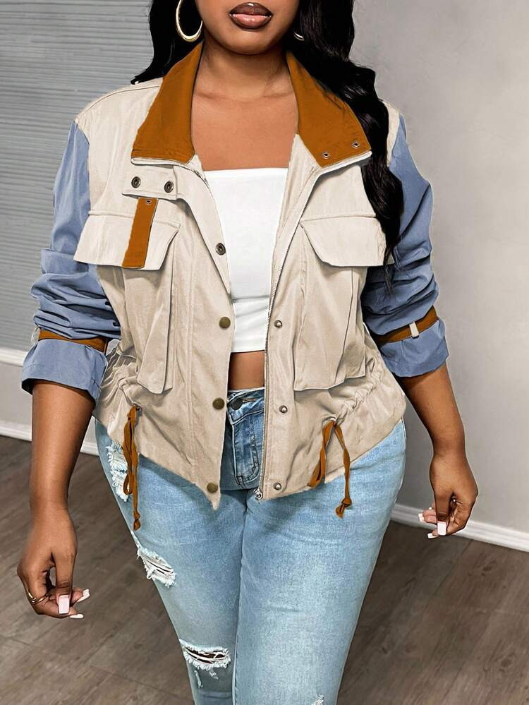 Slaydiva Women's Plus Size Contrast Color Block Drawstring Hem Jacket For Everyday Wear, Autumn/Winter | SHEIN